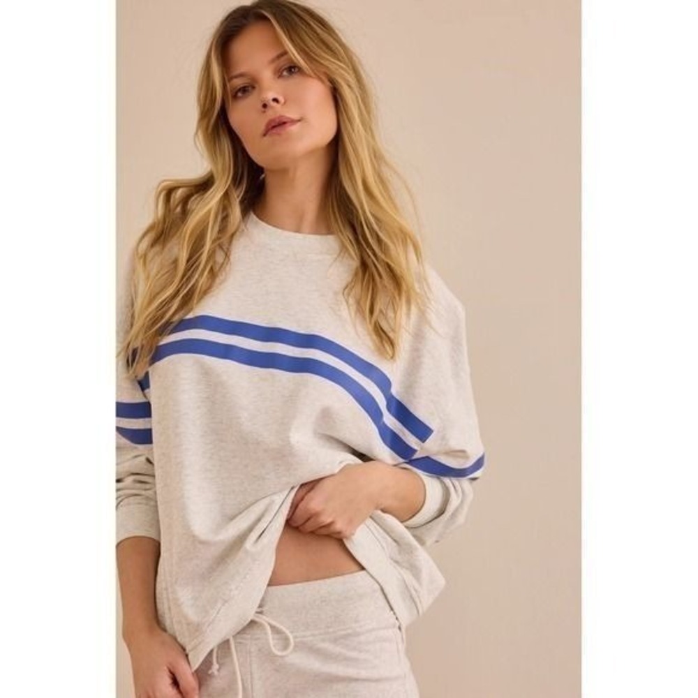 AS Revival Grey Blue Striped Oversized Crewneck Sweatshirt Size XL
